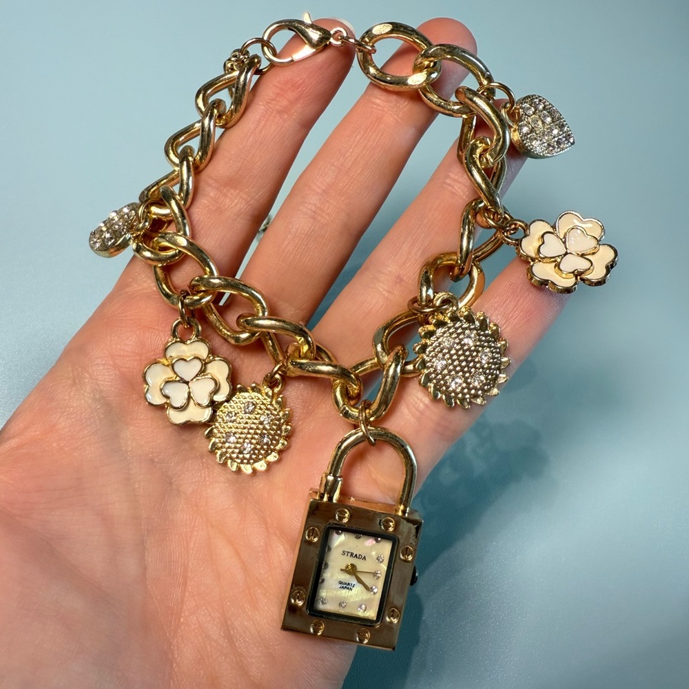 STRADA Gold Charm Bracelet Watch – Padlock Face – Working with New Battery